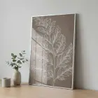 Botanik Dal Sıcak Grej Tonu Tekli Gümüş Metal Çerçeveli Cam Tablo Duvar Salon