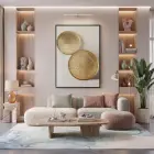 Altın Diskler Sıcak Tonları Tekli Siyah Metal Çerçeveli Cam Tablo Poster Dekoratif Obje