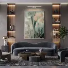 Egzotik Bitki Su Yeşili Tonları Tekli Gümüş Metal Çerçeveli Cam Tablo Ev Dekorasyonu