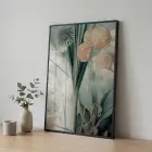 Egzotik Bitki Su Yeşili Tonları Tekli Siyah Metal Çerçeveli Cam Tablo Poster Dekoratif