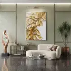 Altın Yapraklar Metalik Tonları Tekli Gümüş Metal Çerçeveli Cam Tablo Salon Oturma Odası