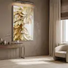 Altın Yapraklar Metalik Tonları Tekli Gümüş Metal Çerçeveli Cam Tablo Salon Oturma Odası