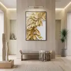 Altın Yapraklar Metalik Tonları Tekli Siyah Metal Çerçeveli Cam Tablo Yatak Odası Koridor