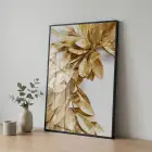 Altın Yapraklar Metalik Tonları Tekli Siyah Metal Çerçeveli Cam Tablo Yatak Odası Koridor