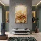 Büyük Çiçek Sıcak Altın Tonları Tekli Gold Metal Çerçeveli Cam Tablo Poster Dekoratif