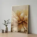 Büyük Çiçek Sıcak Altın Tonları Tekli Gold Metal Çerçeveli Cam Tablo Poster Dekoratif