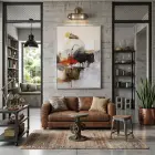 Soyut Sanat Sıcak Toprak Tonları Tekli Gümüş Metal Çerçeveli Cam Tablo Salon Oturma