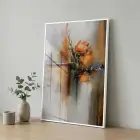 Soyut Çiçek Sıcak Sonbahar Tonları Tekli Beyaz Metal Çerçeveli Cam Tablo Poster Dekoratif