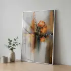 Soyut Çiçek Sıcak Sonbahar Tonları Tekli Gümüş Metal Çerçeveli Cam Tablo Poster Dekoratif