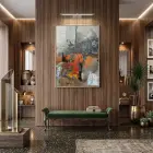 Soyut Kompozisyon Dinamik Turuncu Tonları Tekli Gold Metal Çerçeveli Cam Tablo Salon Oturma