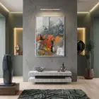Soyut Kompozisyon Dinamik Turuncu Tonları Tekli Gümüş Metal Çerçeveli Cam Tablo Poster Dekoratif