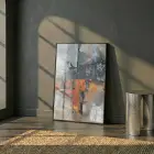 Soyut Kompozisyon Dinamik Turuncu Tonları Tekli Siyah Metal Çerçeveli Cam Tablo Poster Dekoratif