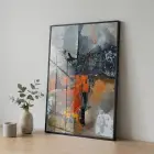 Soyut Kompozisyon Dinamik Turuncu Tonları Tekli Siyah Metal Çerçeveli Cam Tablo Poster Dekoratif
