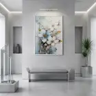 Çiçek Buketi Pastel Mavi Beyaz Tekli Metal Çerçeveli Cam Tablo Duvar Salon Aksesuarları