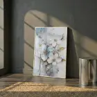 Çiçek Buketi Pastel Mavi Beyaz Tekli Metal Çerçeveli Cam Tablo Duvar Salon Aksesuarları