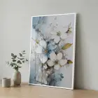 Çiçek Buketi Pastel Mavi Beyaz Tekli Metal Çerçeveli Cam Tablo Duvar Salon Aksesuarları