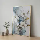 Çiçek Buketi Pastel Mavi Beyaz Tekli Gold Metal Çerçeveli Cam Tablo Ev Dekorasyonu