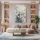 Çiçek Buketi Pastel Mavi Beyaz Tekli Gümüş Metal Çerçeveli Cam Tablo Poster Dekoratif