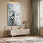 Çiçek Buketi Pastel Mavi Beyaz Tekli Gümüş Metal Çerçeveli Cam Tablo Poster Dekoratif