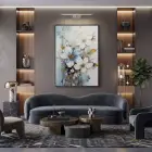 Çiçek Buketi Pastel Mavi Beyaz Tekli Siyah Metal Çerçeveli Cam Tablo Yatak Odası