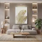 Tropikal Yaprak Sıcak Altın Tekli Gümüş Metal Çerçeveli Cam Tablo Salon Oturma Odası