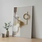 Soyut Geometrik Sıcak Bej Tonları Tekli Gümüş Metal Çerçeveli Cam Tablo Duvar Salon