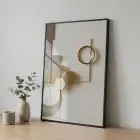 Soyut Geometrik Sıcak Bej Tonları Tekli Siyah Metal Çerçeveli Cam Tablo Ev Dekorasyonu
