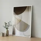 Geometrik Soyut Sıcak Bej Tonları Tekli Beyaz Metal Çerçeveli Cam Tablo Duvar Salon