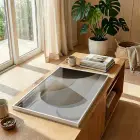 Geometrik Soyut Sıcak Bej Tonları Tekli Beyaz Metal Çerçeveli Cam Tablo Duvar Salon