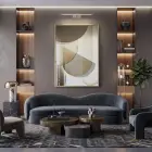 Geometrik Soyut Sıcak Bej Tonları Tekli Gold Metal Çerçeveli Cam Tablo Ev Dekorasyonu