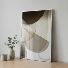 Geometrik Soyut Sıcak Bej Tonları Tekli Gümüş Metal Çerçeveli Cam Tablo Yatak Odası