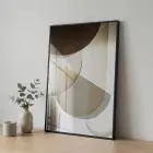 Geometrik Soyut Sıcak Bej Tonları Tekli Siyah Metal Çerçeveli Cam Tablo Salon Oturma