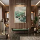 Soyut Çiçek Turkuaz Altın Tonları Tekli Gold Metal Çerçeveli Cam Tablo Salon Oturma