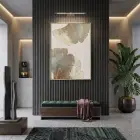 Ginkgo Yaprakları Pudra Mavi Altın Tekli Gold Metal Çerçeveli Cam Tablo Ev Dekorasyonu