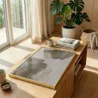 Ginkgo Yaprakları Pudra Mavi Altın Tekli Gold Metal Çerçeveli Cam Tablo Ev Dekorasyonu