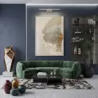 Altın Yaprak Sıcak Bej Tekli Gümüş Metal Çerçeveli Cam Tablo Salon Oturma Odası