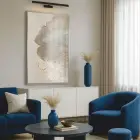 Altın Yaprak Sıcak Bej Tekli Gümüş Metal Çerçeveli Cam Tablo Salon Oturma Odası