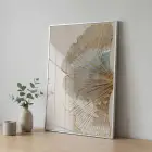 Altın Yaprak Sıcak Bej Tekli Gümüş Metal Çerçeveli Cam Tablo Salon Oturma Odası