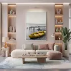 Sandal Kıyı Gri Sarı Kontrast Tekli Beyaz Metal Çerçeveli Cam Tablo Yatak Odası