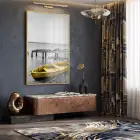 Sandal Kıyı Gri Sarı Kontrast Tekli Gold Metal Çerçeveli Cam Tablo Duvar Salon