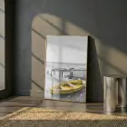 Sandal Kıyı Gri Sarı Kontrast Tekli Gold Metal Çerçeveli Cam Tablo Duvar Salon
