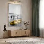 Sandal Kıyı Gri Sarı Kontrast Tekli Gümüş Metal Çerçeveli Cam Tablo Ev Dekorasyonu