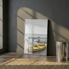 Sandal Kıyı Gri Sarı Kontrast Tekli Gümüş Metal Çerçeveli Cam Tablo Ev Dekorasyonu