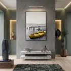 Sandal Kıyı Gri Sarı Kontrast Tekli Siyah Metal Çerçeveli Cam Tablo Salon Oturma