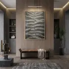 Eğrelti Yaprağı Antrasit Beyaz Ton Tekli Gold Metal Çerçeveli Cam Tablo Yatak Odası