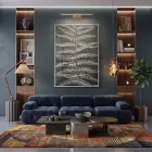 Eğrelti Yaprağı Antrasit Beyaz Ton Tekli Gümüş Metal Çerçeveli Cam Tablo Yatak Odası