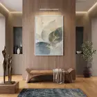 Soyut Yaprak Pastel Mavi Bej Tekli Beyaz Metal Çerçeveli Cam Tablo Duvar Salon