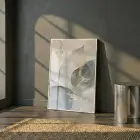 Soyut Yaprak Pastel Mavi Bej Tekli Beyaz Metal Çerçeveli Cam Tablo Duvar Salon