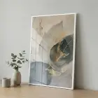 Soyut Yaprak Pastel Mavi Bej Tekli Beyaz Metal Çerçeveli Cam Tablo Duvar Salon
