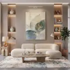 Soyut Yaprak Pastel Mavi Bej Tekli Gold Metal Çerçeveli Cam Tablo Yatak Odası